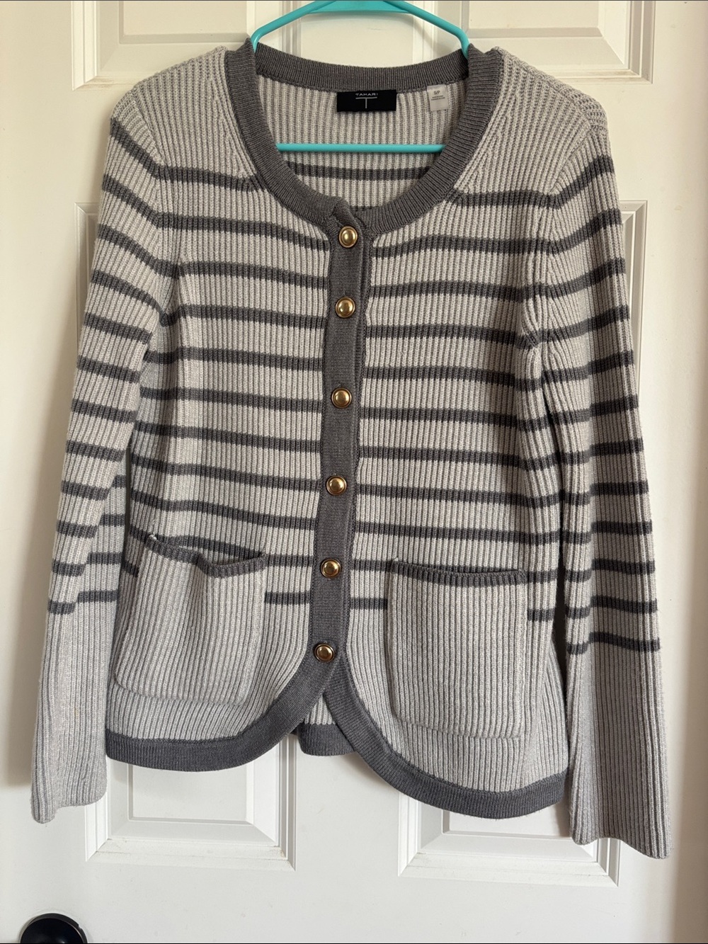 Tahari Light Gray and Dark Gray Striped Ribbed Cardigan with Gold Buttons